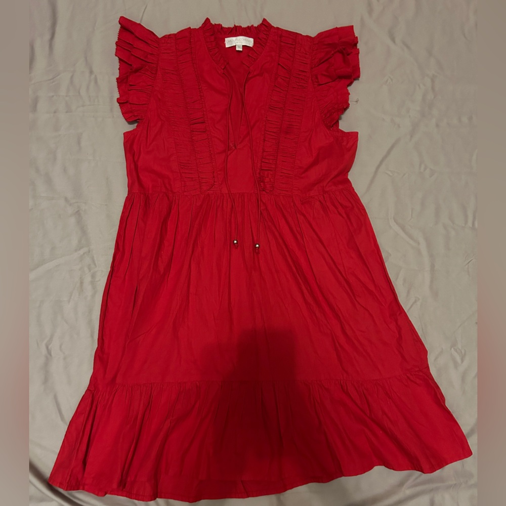 Caroline Constas New York 100% Cotton solid bright red shirred dress Sz S